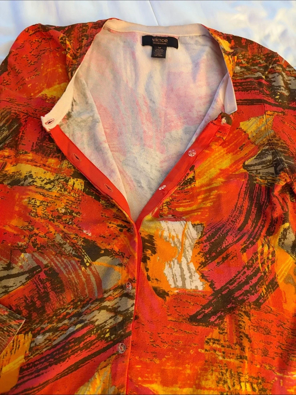 Vintage Victor Alfaro Orange/Brown Abstract Knit Cardigan Size M Silk Blend